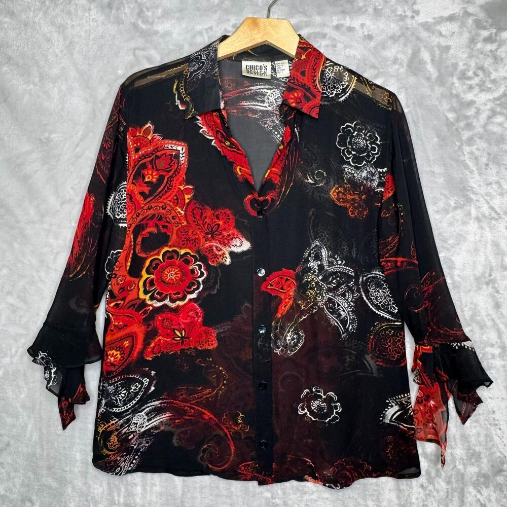 Chico's Top Womens Size M Black Red Floral Semi Sheer Silk Boho 3/4 Sleeve Flowy